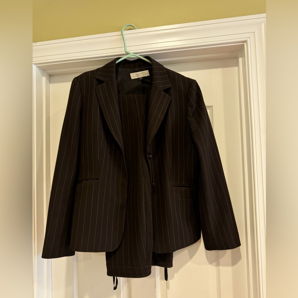 Women’s Tahari brown pinstriped pantsuit, size 14, gently used condition